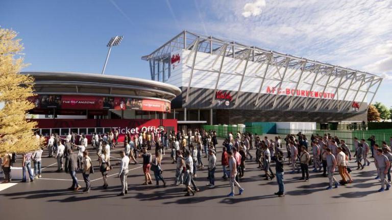 Computer generated image of how the new upgraded stadium would look from the outside. A large round ticket office building sits next to large white seating stand. The concourse is full of people walking towards the building.