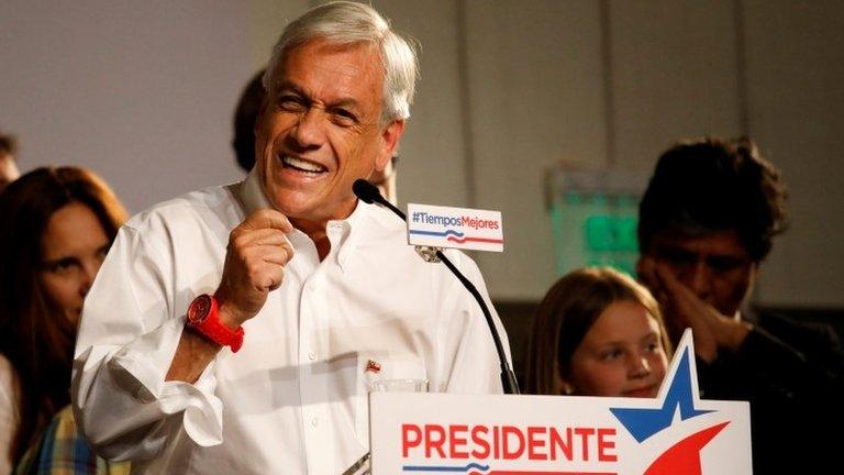 Chilean presidential candidate Sebastian Pinera delivers a speech to supporters after leading in the first round of general elections in Santiago Chile November 19, 201