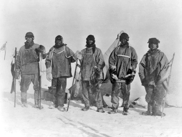 Scott"s Antarctic expedition. Historical image of the team of the Terra Nova Expedition standing by a Norwegian tent at the South Pole.