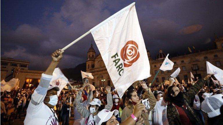 Demobilized members of the Revolutionary Armed Forces of Colombia take part in a demonstration in the Plaza de Bolivar, in Bogota, Colombia, 02 November 2020