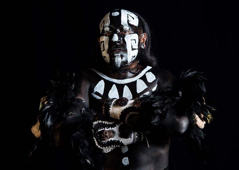 Mexican dancer Isaac Luna, who represents "Mictlantecuhtli" (deity of the dead in the Mexica mythology) in a pre-Columbian ballgame called "Ulama" -in Nahuatl indigenous language-, poses for a photograph during a photo session at the FARO Poniente cultural centre in Mexico City on August 21, 2019