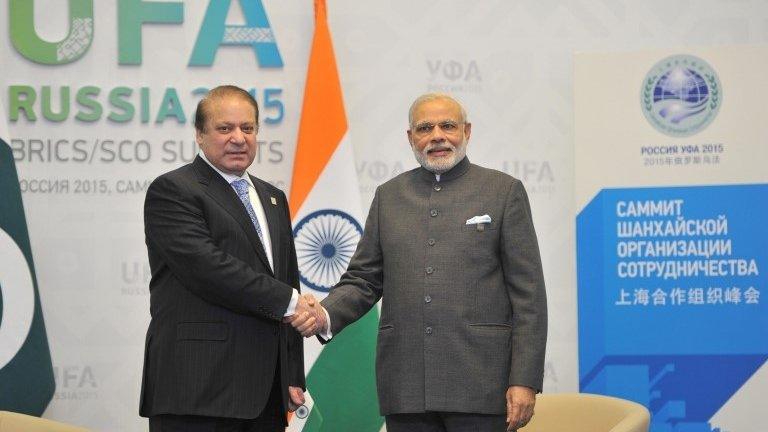 India"s Prime Minister Narendra Modi (R) shakes hands with Pakistan Prime Minister Nawaz Sharif ahead of a meeting in Ufa on the sidelines of the BRICS emerging economies summit in Russia.