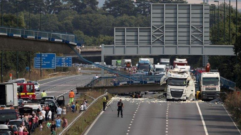 Scene of the bridge collapse on the M20 in Kent