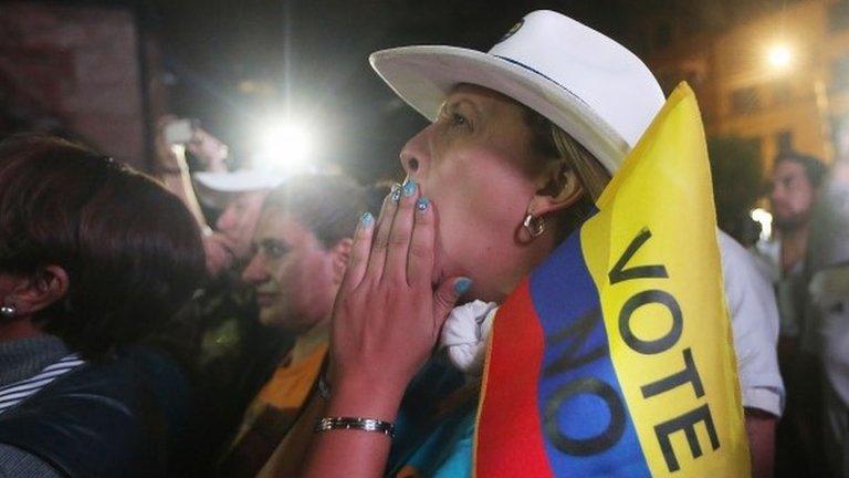 "No" supporters gather at a rally following their victory in the referendum on a peace accord to end the 52-year-old guerrilla war between the FARC and the state on October 2, 2016 in Bogota, Colombia.