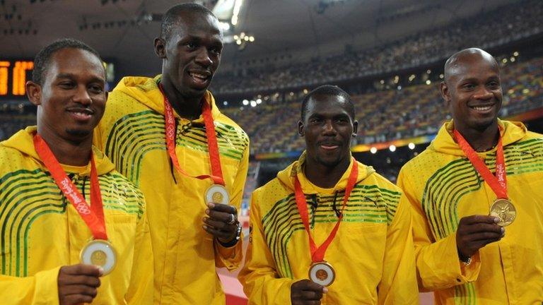 Usain Bolt (second left) and the Jamaica 4x100m team from Beijing 2008