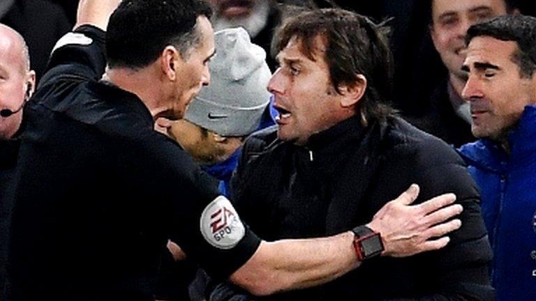 Chelsea manager Antonio Conte is ordered from the touchline by referee Neil Swarbrick