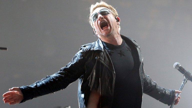 U2's Bono on stage at AccorHotels Arena, Paris 6 December 2015