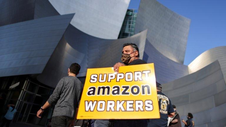 People protest in support of the unionizing efforts of the Alabama Amazon workers, in Los Angeles, California, U.S., March 22, 2021.