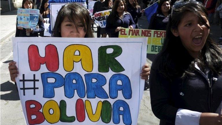 School girls participate in a protest in demand of access to the ocean in La Paz, Bolivi on 3 August 3, 2015.