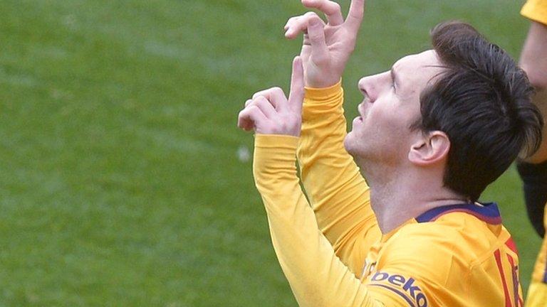 Lionel Messi celebrates a goal against Eibar