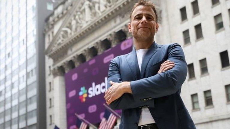 Stewart Butterfield outside NY stock exchange