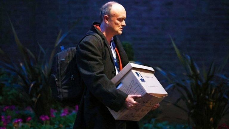 Dominic Cummings carrying a cardboard box as he leaves Downing Street on Friday 13 November 2020