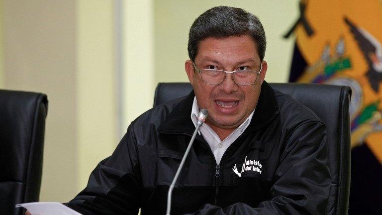 Ecuador's Interior Minister Cesar Navas confirms the kidnapping of two people in the border with Colombia, during a press conference in Quito on April 17, 2018.