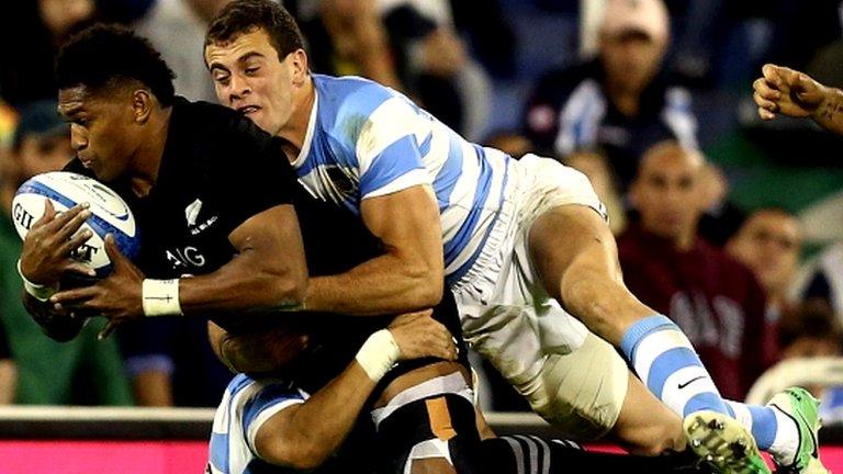 New Zealand's Waisake Naholo is tackled by Argentina's Joaquin Tuculet