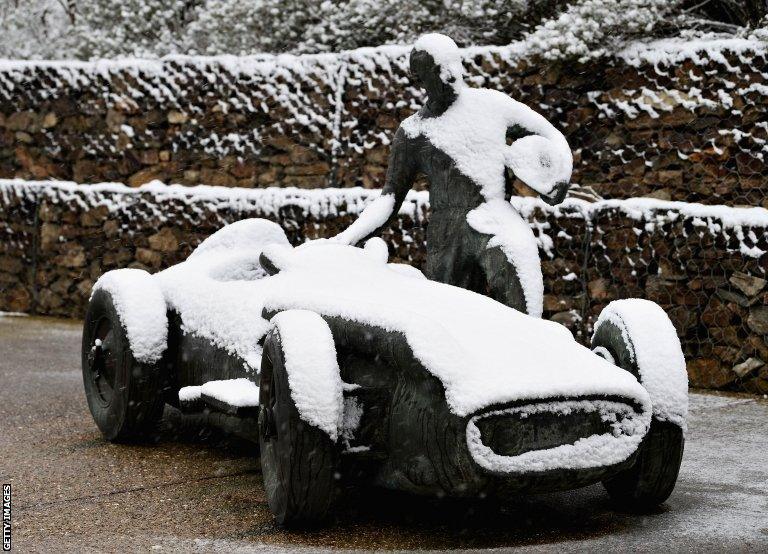 Snow settled on the Juan Manuel Fangio memorial at the circuit during day three of F1 Winter Testing at Circuit de Catalunya on February 28, 2018 in Montmelo, Spain.