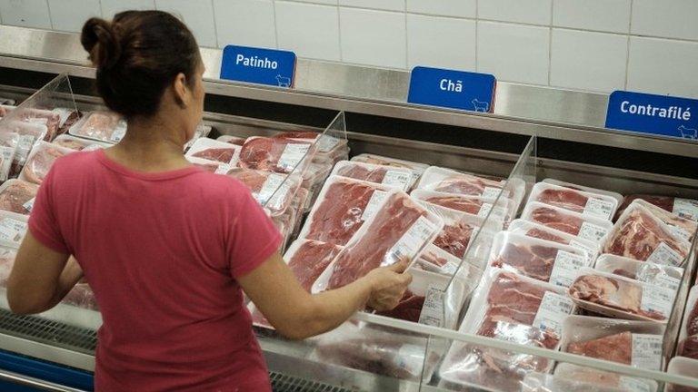 Chunks of beef are displayed at a supermarket in Rio de Janeiro, Brazil, on March 17, 2017.