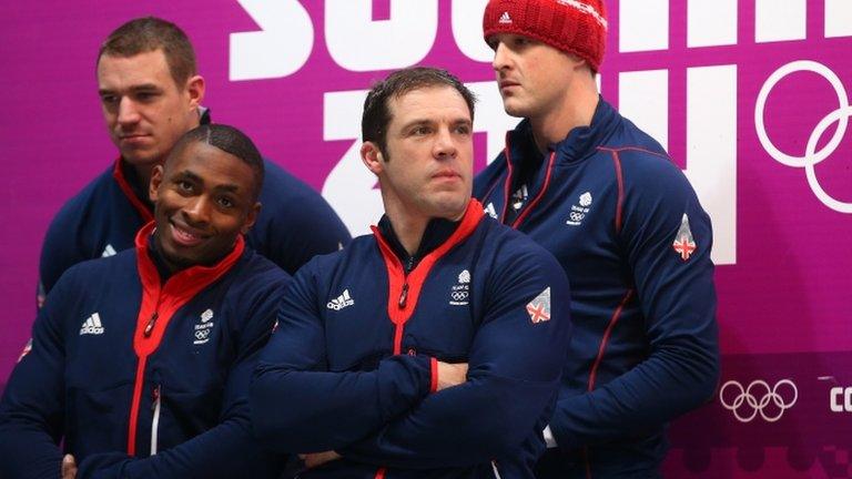 Pilot John James Jackson, Stuart Benson, Bruce Tasker (top left) and Joel Fearon of Great Britain team 1 at Sochi 2014