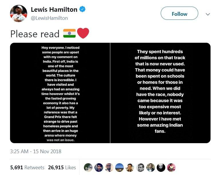 Lewis Hamilton social media statement