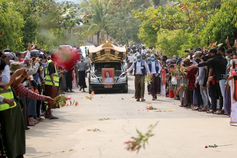 Hundreds of people attend the funeral of Mya Thwe Thwe Khaing, 20, the first protester to die since the anti-coup demonstrations began