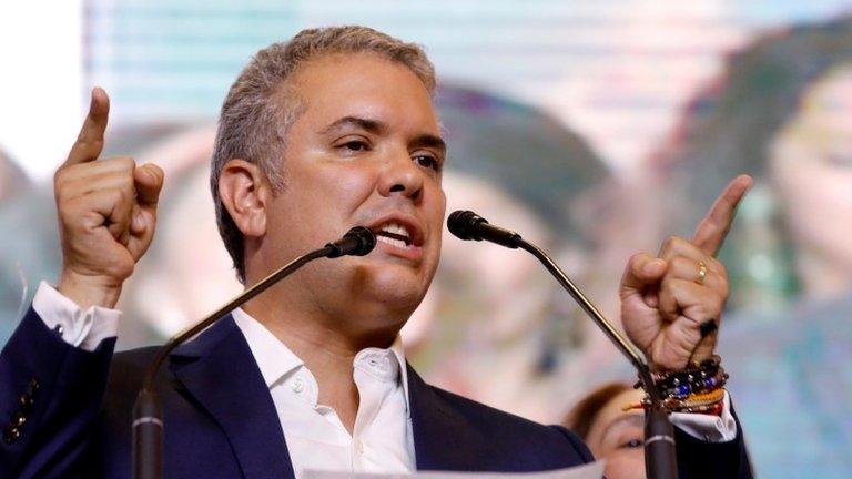 Presidential candidate Ivan Duque speaks to supporters after winning the presidential election in Bogota, Colombia, June 17, 2018.