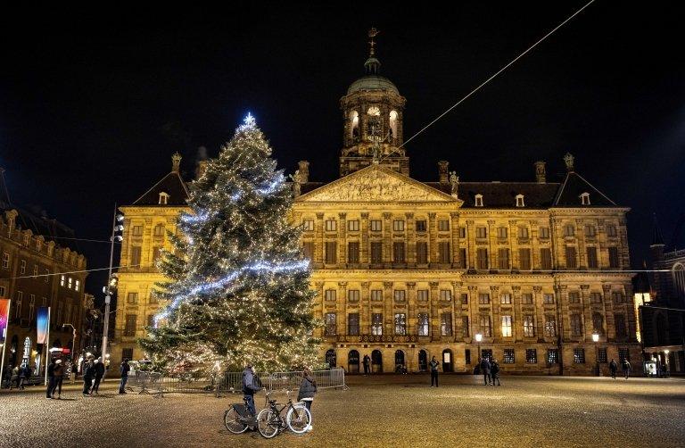 The Christmas tree on Dam Square in Amsterdam, The Netherlands, 10 December 2021