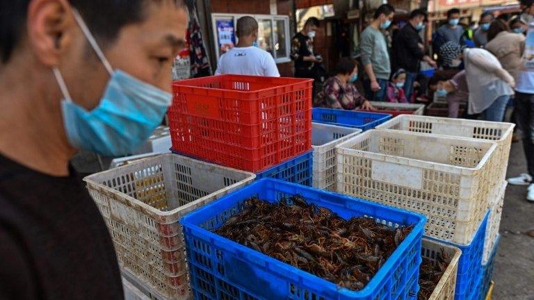 A market selling prawns in Wuhan