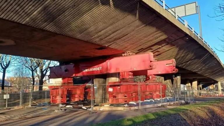 A temporary prop holds up the failing Gateshead flyover in 2024
