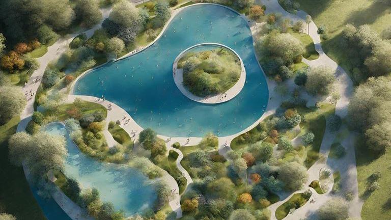 A computer generated image of an aerial view of the pools. It is a large organic shape with various green islands in the middle of the water. There are paved bridges and walkways surrounding the pools, and the whole site is surrounded by trees and hedges.