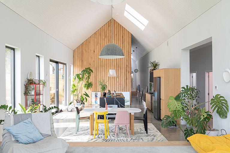 The living room extends to a dining area and an open-plan kitchen beyond. There are windows on two walls, light flooding in, with a warm pale wood-slatted wall at the end of the room. The dining chairs are mis-matched in pale pink, yellow and pale blue.