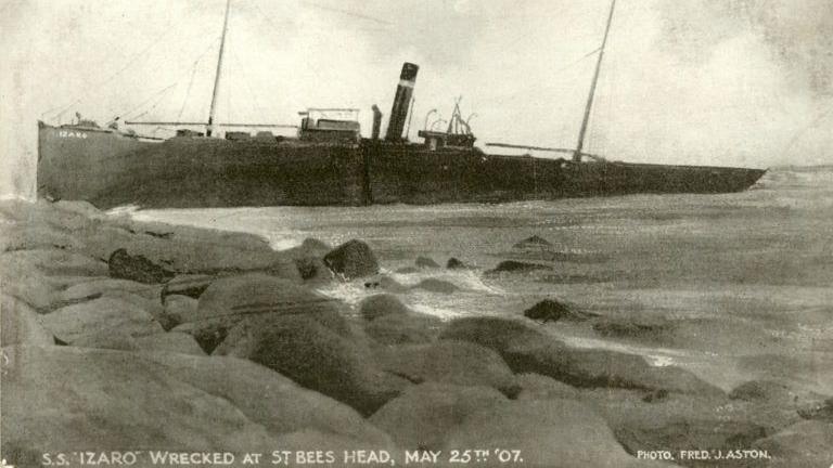 A black and white image of the Izaro shipwreck at St Bees.