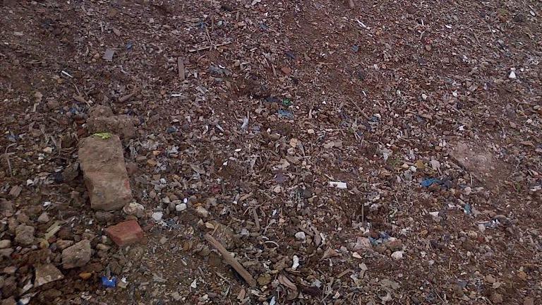 Anstey Quarry: Brown earth filled with small stones, pieces of brick and pieces of wood.