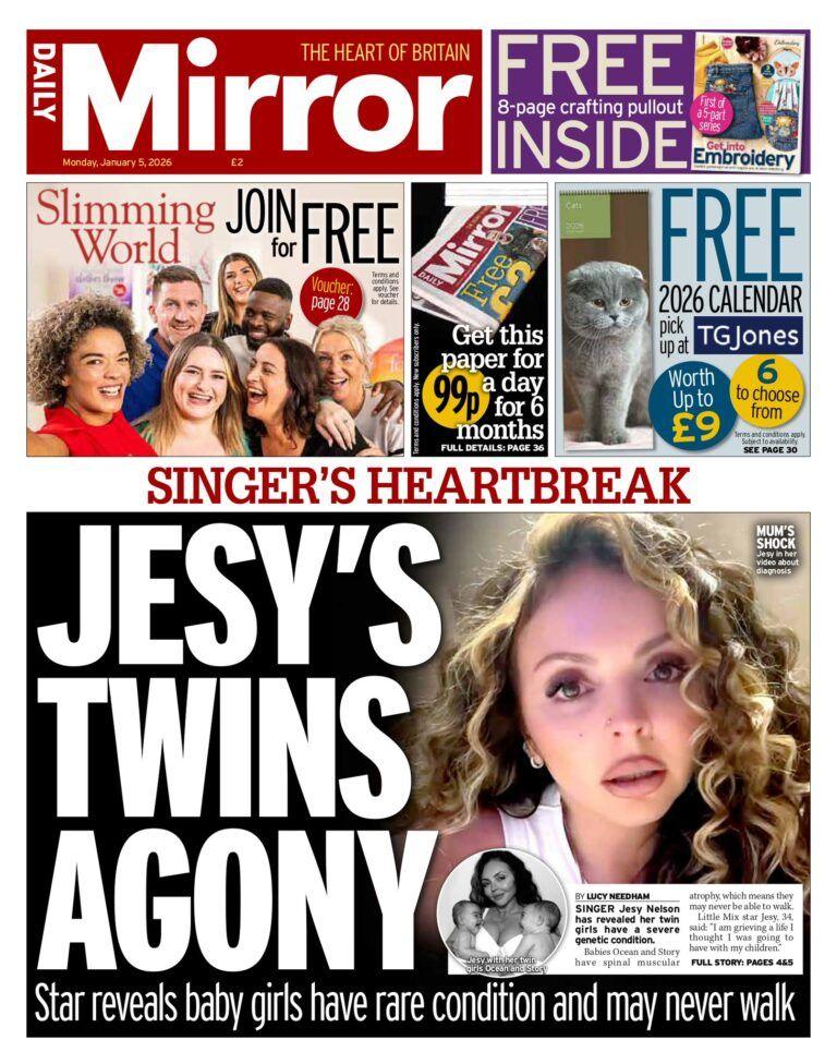Titulli në faqen e parë të Daily Mirror: "Agonia e binjakëve të Jesy-t".