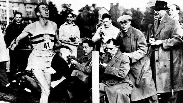 Roger Bannister finishing the race during an athletics meeting at Oxford where he ran the world's first sub four minute mile