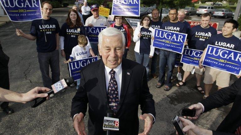 Dick Lugar outside a voting location in Greenwood, Indiana, 8 May 2012