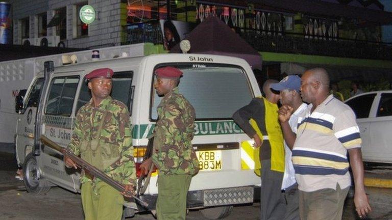 Kenyan forces secure the area outside a nightclub following explosions at the club in Mombasa, Kenya, late on Tuesday