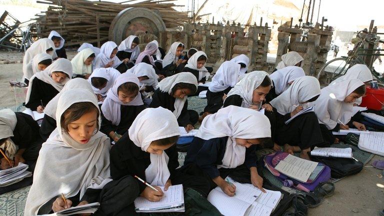 Young female students during a class lesson at a school in Kabul, Afghanistan