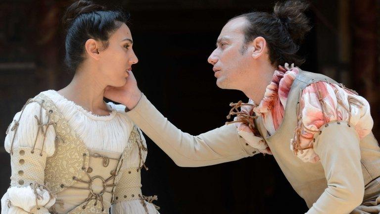 Members of the Habima theatre company from Tel Aviv, Israel, rehearse at the Globe Theatre in central London on May 28, 2012 ahead of their performance of a Hebrew version of Shakespeare's "The Merchant of Venice"