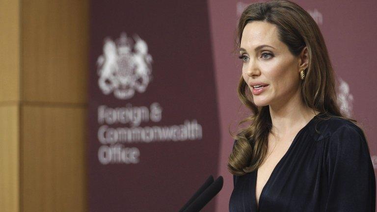 Acress Angelina Jolie speaking at the launch of a scheme to tackle sexual violence, at the UK Foreign Office