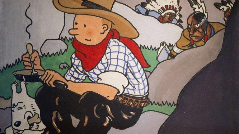 An original 1932 cover of the comic Tintin in America by late Belgian cartoonist Georges Remi - pen name Herge - on show in Paris ahead of its sale at auction on Saturday