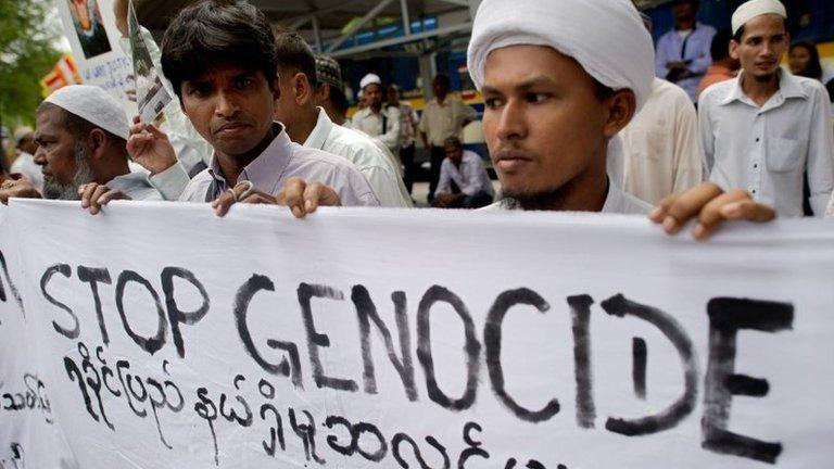 Rohingya protesters gather in front of a United Nations building in Bangkok an end to the ongoing unrest and violence in Burma's Rakhine state on 11 June