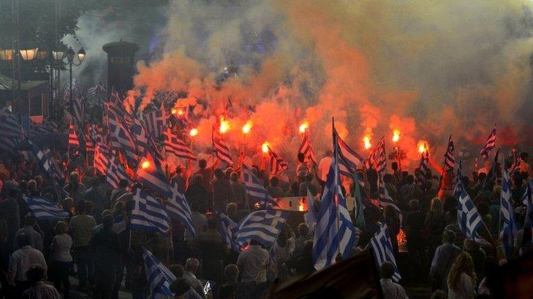 Supporters of New Democracy party leader, Antonis Samaras, in central Athens, 15 June 2012