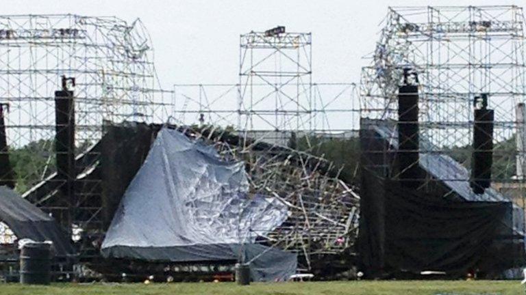 The collapsed stage at Downsview Park in Toronto is shown June 16, 2012