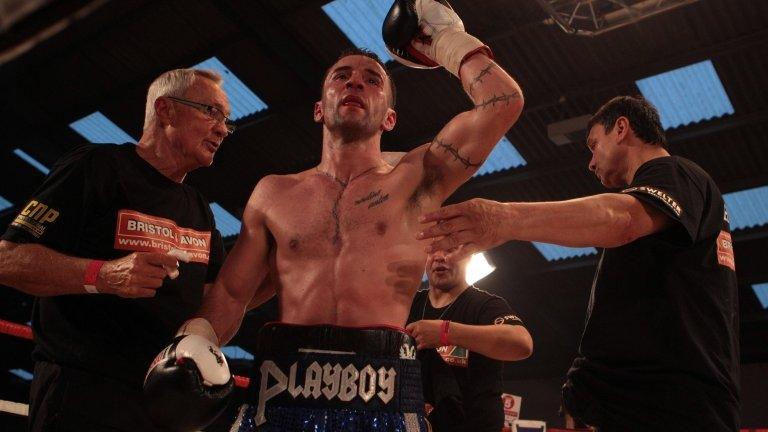 Lee Haskins celebrates his win over Stuart Hall at the Hand Arena, Clevedon, North Somerset