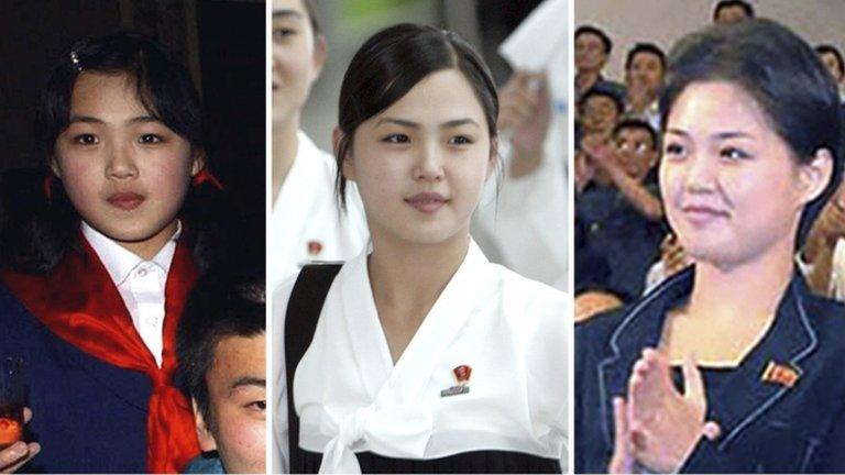 Composite photos of what is believed to be Ri Sol-ju at various events. From left: during an inter-Korean event in North Korea in 2003 and during an athletic event in South Korea in 2005. The third photo is a current photo from KCNA.