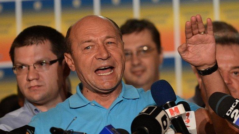 Romanian President Traian Basescu addresses reporters after the referendum. 29 July 2012