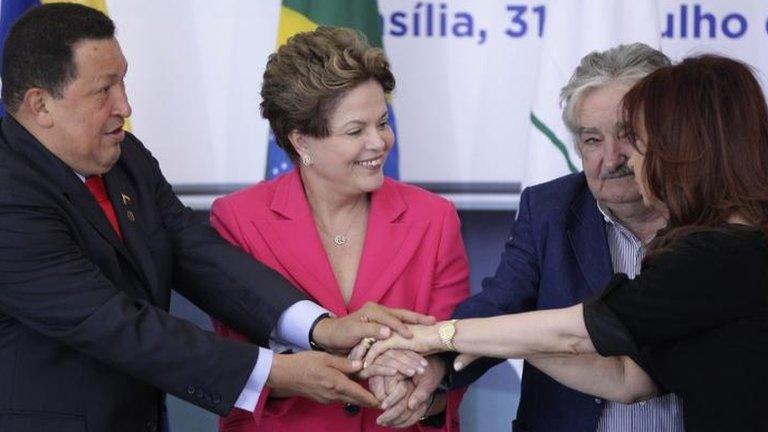 (L-R) Hugo Chavez, Dilma Rousseff, Jose Mujica and Cristina Fernandez de Kirchner, 31 July in Brasilia