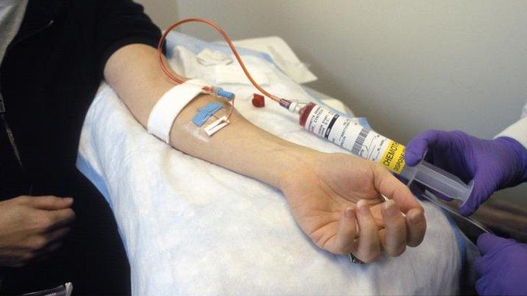 A patient receiving an intravenous dose of anticancer drugs from a syringe