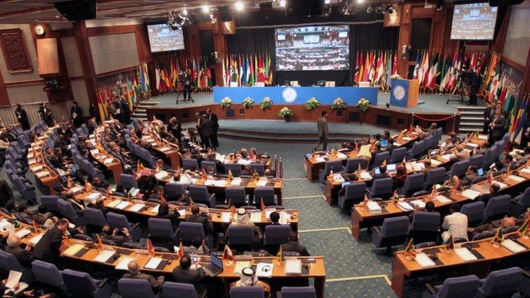 Official delegations attend the opening session of the expert-level meeting of XVI summit of the Non-Alligned Movement in Tehran on August 26, 2012.