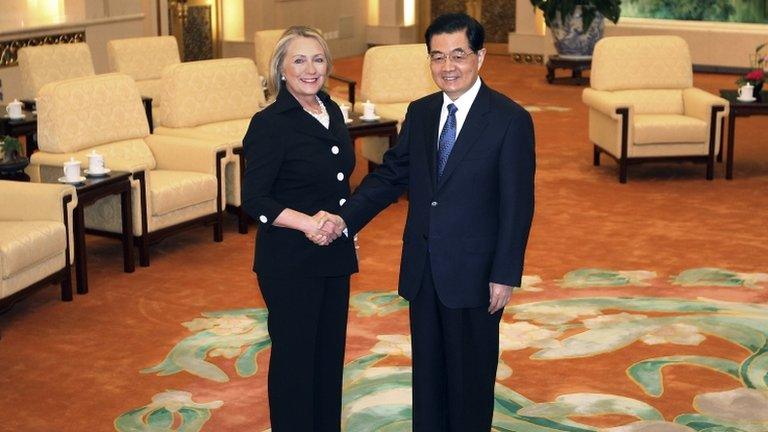 Hillary Clinton shakes hands with Chinese President Hu Jintao in Beijing on 5 September 2012