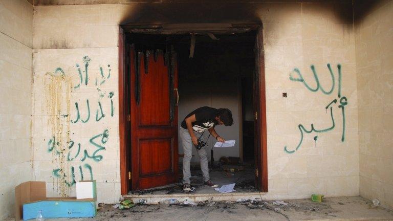 Graffiti on the bombed US consulate in the Libyan city of Benghazi